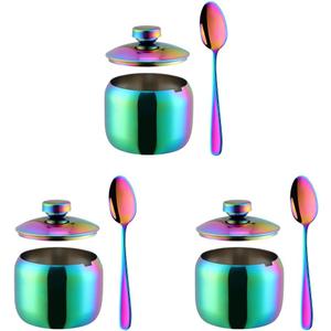 3-Piece Seasoning Box with Spoon and Lid 304 Stainless Steel Condiment Canisters Pots Seasoning Jars for Spice Salt Sugar-Rainbow