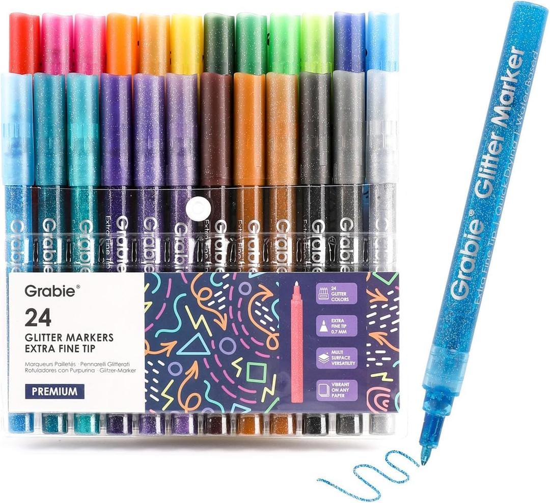 Grabie Glitter Metallic Markers, Extra-Fine Tip Glitter Acrylic Paint Markers, Quick-Drying Water-based Ink Glitter Pens for Adults, DIY Crafts Making (Extra Fine Tip 24 Colors, Pack of 24)