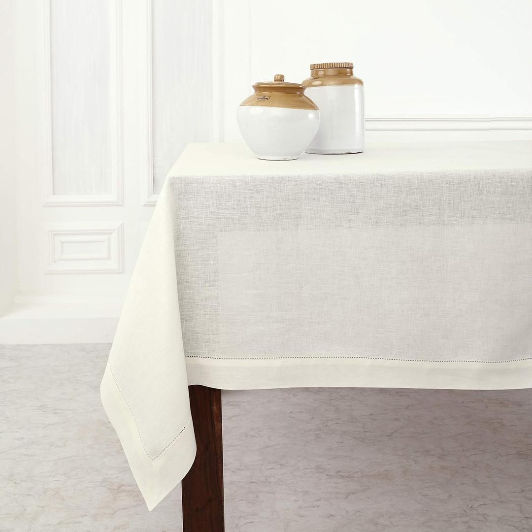 Solino Home Linen Ivory Tablecloth 60 x 144 Inch - Classic Hemstitch, 100% Pure Linen Rectangular Tablecloth - Machine Washable Table Cloth for Summer