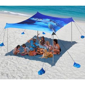 Rhino Valley Beach Tent Shade Canopy UPF50+ Protection, 8 Sandbags, 4 Stability Poles, Outdoor Sun Shelter Umbrella for Sand, Camping, Fishing Essentials (10*10FT NEW, Blue Turtle)