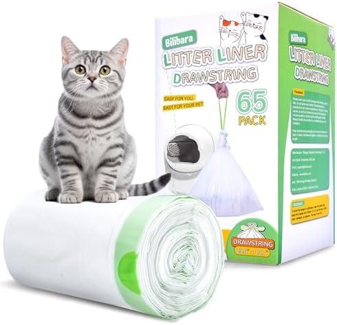 Bilibara 65 Count Drawstring Cat Litter Bags for Most Auto Self-Cleaning Litter Box, Extra Thick Pet Litter Drawer Liners Replacement, Durable Cat Waste Bags, Unscented, 25.6'' W x 15.7'' H