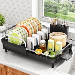 SAYZH Dish Drying Rack - Expandable Dish Rack for Kitchen Counter, Rust-Resistant Dish Drainer with Utensil Holder and Raised Guardrail, Kitchen Organizer for Cup and Bottle (Black), 15.3" to 22.2"