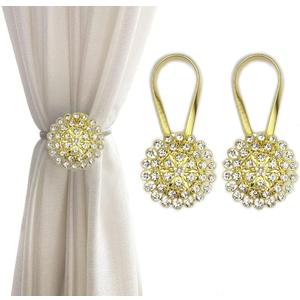 Magnetic Tiebacks for Curtains, 2 Pack Sparkling Crystal Flower Curtain Tiebacks Curtain Buckle Clips with High-Elastic Spring Wire for Home Office Decoration (Yellow & White)
