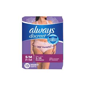 Always Discreet Adult Diapers for Women, Incontinence Underwear, Postpartum Essentials, Disposable Briefs, Max Absorbency, Bladder Leak Protection, Small/Medium, 19ct