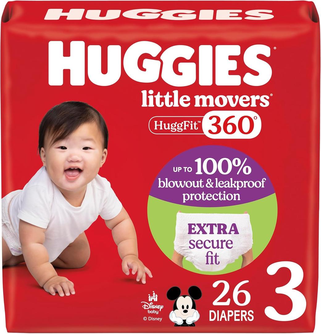 Huggies Size 3 Baby Diapers, Little Movers HuggFit 360 Baby Diapers with 360 Waistband, Size 3 (16-28 lbs), 26 Count