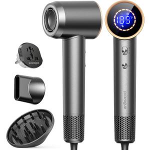 Dual Voltage Travel Hair Dryer with Diffuser, High-Speed Ionic Blow Dryer for Women, Fast Drying, Low Noise, Lightweight, No Heat Damage, European Travel 110V-120V/220V-240V (Grey)
