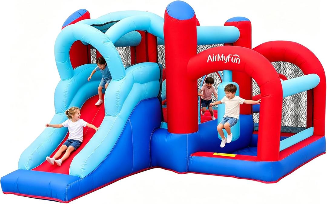AirMyFun Inflatable Bounce House, Bouncy House with Slide,Indoor Outdoor Bounce House with Ball Pit,Basketball Hoop,Target Balls and Boxing,Inflatable Bouncer for Party