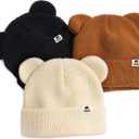 FURTALK Baby Beanie Winter Hat with Bear Ear for Infant Toddler Boys Girls Soft Knitted Skull Cap (0-6 Months, Black+beige+caramel)