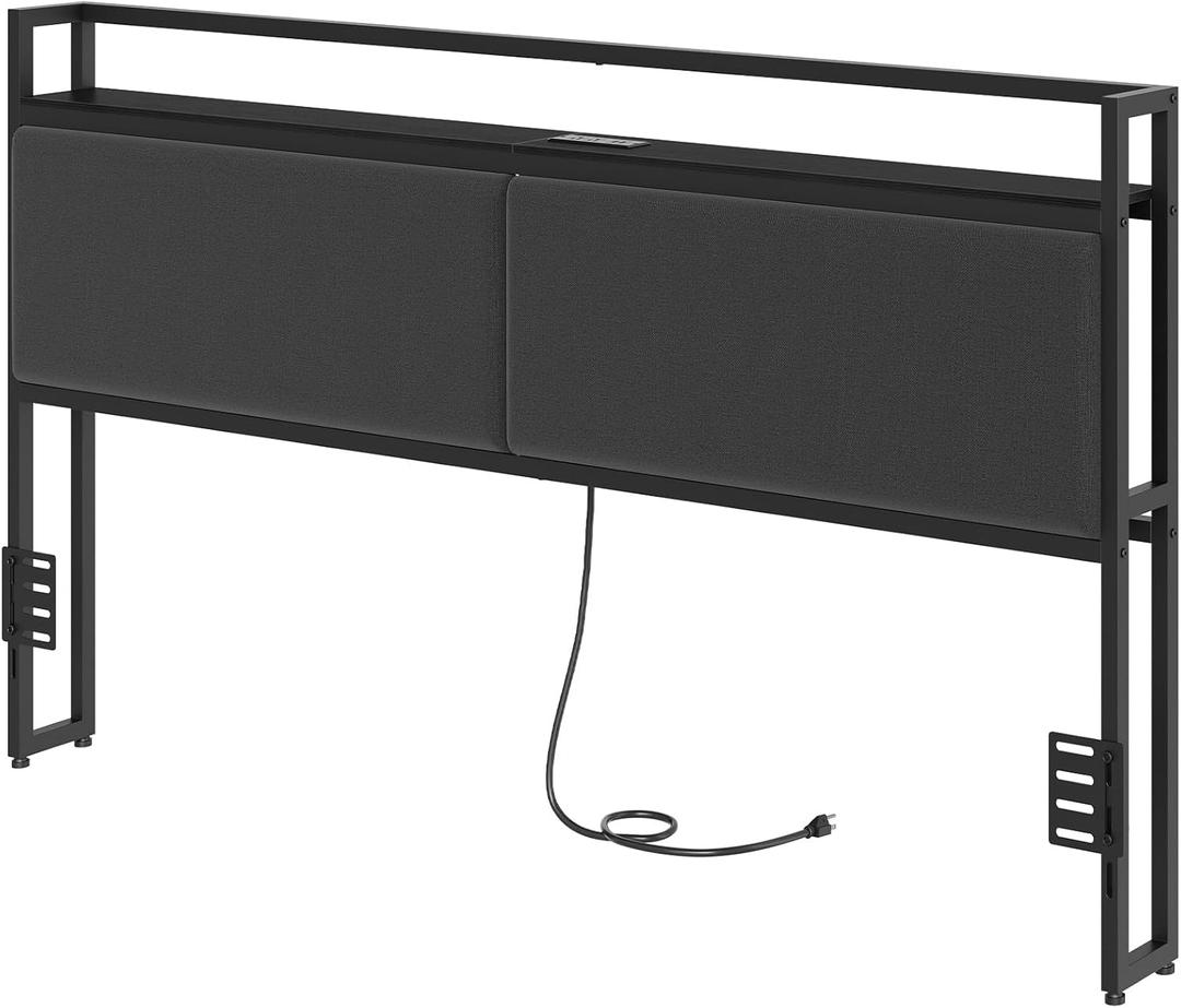 King Size Headboard Only, Upholstered King Headboard with Charging Station, Head Board with Open Storage, Height Adjustable, Vintage Style, Sturdy and Stable, Black