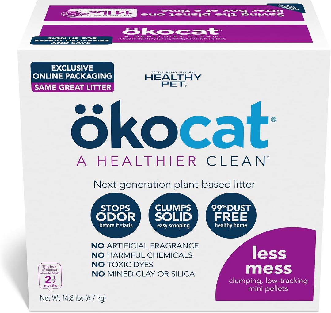 kocat Less Mess Low Tracking Wood Clumping Cat Litter Mini- Pellets, Unscented, 14.8 pounds - Natural Ingredients, Stops Odor, Clumps Solid, 99% Dust Free, Great for Long-Hair Breeds, All Cats