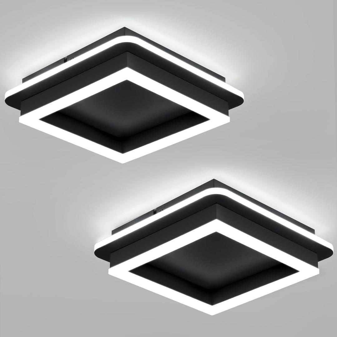 CANEOE 2 Packs Square Flush Mount Ceiling Light, 6000K Modern LED Ceiling Light Fixture, Minimalist Hallway Lighting Fixture Ceiling Lamp for Hallway Entryway Bedroom Balcony (All Black)
