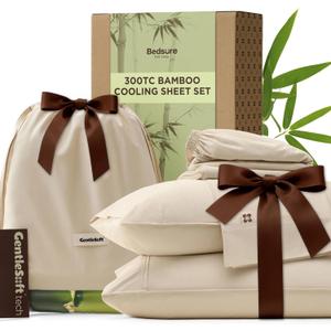 Bedsure Cooling Sheets Queen Size, Rayon Derived from Bamboo & Cotton Blend, GentleSoft, Breathable, Queen Sheet Set, Deep Pocket Up to 18 Inches, Hotel Luxury Bedding for Hot Sleepers, Beige