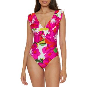 Trina Turk Women's Bloom Ruffle One Piece Swimsuit, Plunge V-Neck, Bathing Suits , 8, Multicolor