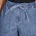 GRAPENT Wide Leg Jeans for Women Trendy High Waisted Drawstring Tie Elastic Waist Stretchy Denim Pants Trouser Jeans (Blue, L)