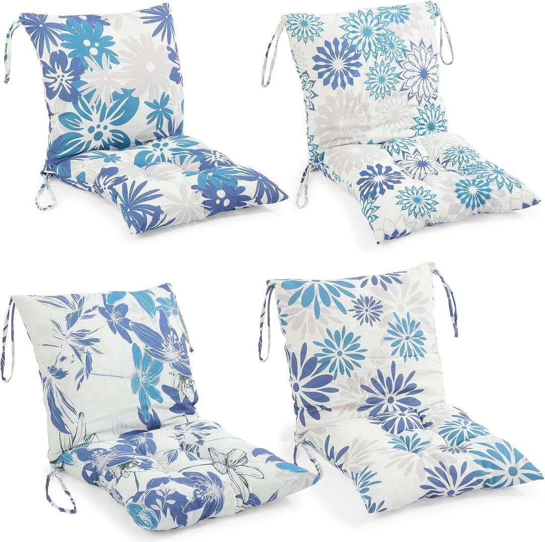 Barydat 4 Pcs Outdoor Patio Chair Cushions with Back, 21.7 x 43.3 Inch Decorative Dining Back Cushions with Tie Buffalo Plaid Indoor Outdoor for Patio Furniture (Vivid Color,Blooming Flowers) (Blue)