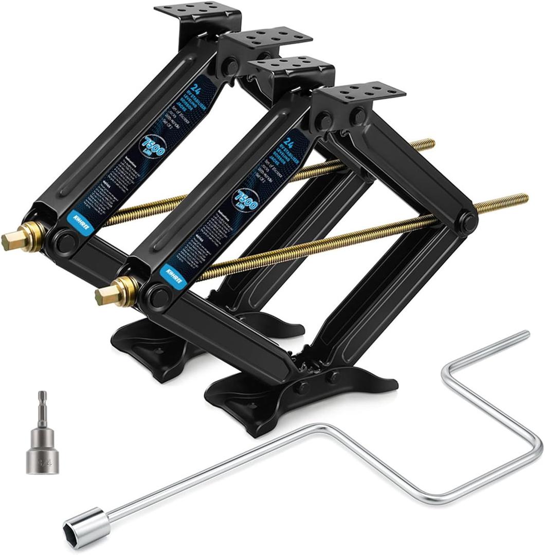 Kohree 7500lbs RV Stabilizer Leveling Scissor Jacks 24" for Travel Trailer Camper, Set of 2, Heavy Duty RV Stabilizer Jacks Kit with Crank Handle and Drill Bit (2 Pack - 7500lbs)