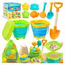 Collapsible Beach Sand Toys for Kids Toddlers, Collapsible Sand Bucket with Sifter Shovels Set with Mesh Bag and Sand Molds, Travel Beach Sandbox Toys for Boys Girls 3 4 5 6 7 8 9 10