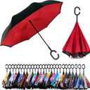 SIEPASA Inverted Reverse Upside Down Umbrella, Extra Large Double Canopy Vented Windproof Waterproof Stick Golf Umbrellas with C-shape Handle.(Red, 56 Inch)