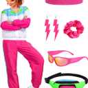 Ramede 80s Outfits for Women 90s Workout Halloween Costume Neon Wear Tracksuit Windbreaker Disco Party Accessories (Pink) Medium
