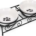 Navaris Ceramic Pet Bowl Set - Food Water Bowls for Cats, Small Dogs and Puppies with Non-Slip Retro Metal Stand - Set of Bowls, 10.8 oz Each