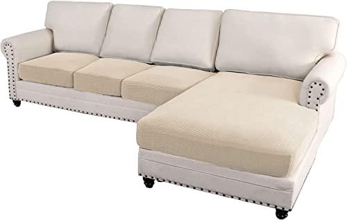 DKSLIPGO Sectional Couch Covers Sofa Seat/Chaise Cushion Slipcover L Shape Sofa Cushion Cover for Loveseat Sofa and Both Left/Right Sectional Couch Thick Jacquard (3 Seater + 1 Chaise,Natural)
