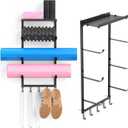 Wall-Mounted Yoga Mat Organizer Lightweight Iron Space-Saving Storage Rack with 3-Tiers for Yoga Mats, Foam Rollers, 5 Hooks for Resistance Bands & Accessories, Ideal for Beginners Black