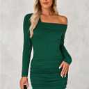luvamia One Shoulder Dresses for Women Bodycon Long Sleeve Ruched Cocktail Party Date Night Short Dress Special Occasion (Green, S)