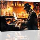 ZXHYWYM Black Music Canvas Wall Art African American Jazz Painting Music Playing Art Musical Instruments Prints Music Themed Men Room Home Decor Framed (Black, (16.00" x 24.00"))
