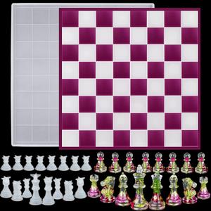 RESINWORLD Chess Set - Large 12 Inch Checkers Board Mold & Full Size 3D Silicone Chess Piece Mold for Epoxy Resin