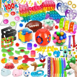 (100 Pcs) Fidget Toys Pack, Party Favors Stress Relief & Anxiety Relief Sensory Toy Classroom Prizes Pinata Filler Treasure BoxStocking Stuffers Gifts for Kids Boys Girls Teens