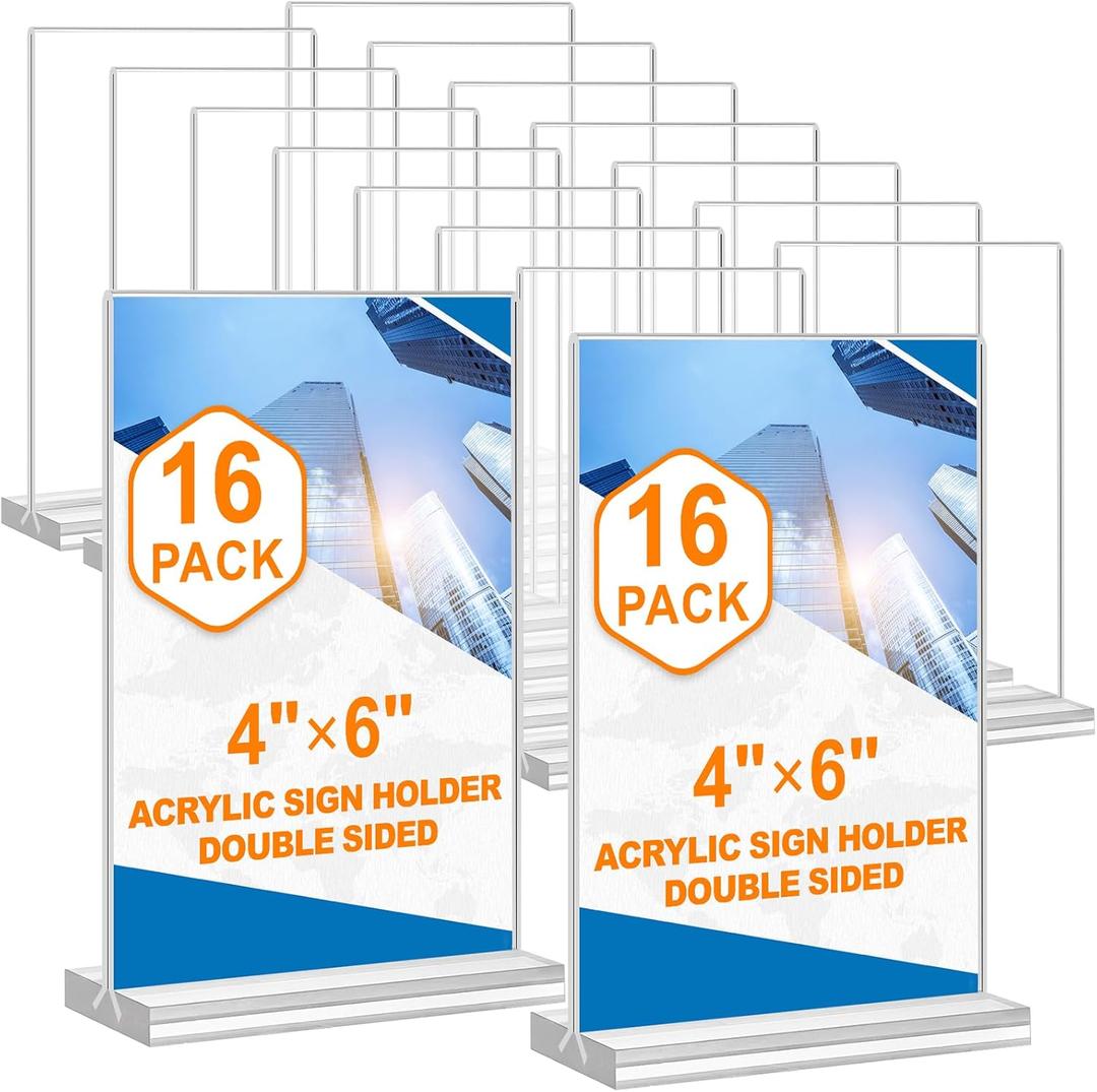Acrylic Sign Holder 4x6, 16 Pack Clear Double Sided Clear Table Menu Vertical Display Stand Desktop Display Stand Paper Holder Table Sign Holder Suitable for Restaurants Office Store Show Fair