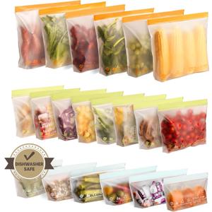 20 Pack Reusable Food Storage Bags,Leakproof Freezer Bags BPA Free Stand Up Sandwich Bags for Lunch Salad Fruit Travel,Dishwasher Safe(6 Gallon,8 Sandwich,6 Snack)
