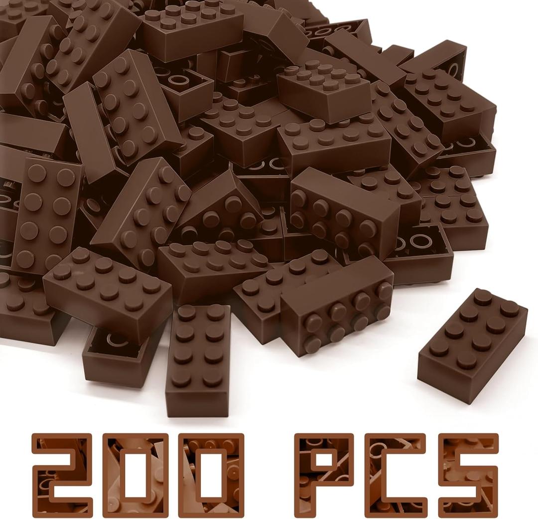 200 Pieces Classic Building Brick 2x4, Creative Building Toy DIY, Suitable for Boys Girls and Teenagers Aged 6+, Compatible with Lego 3001 Bulk Block Set (Brown)