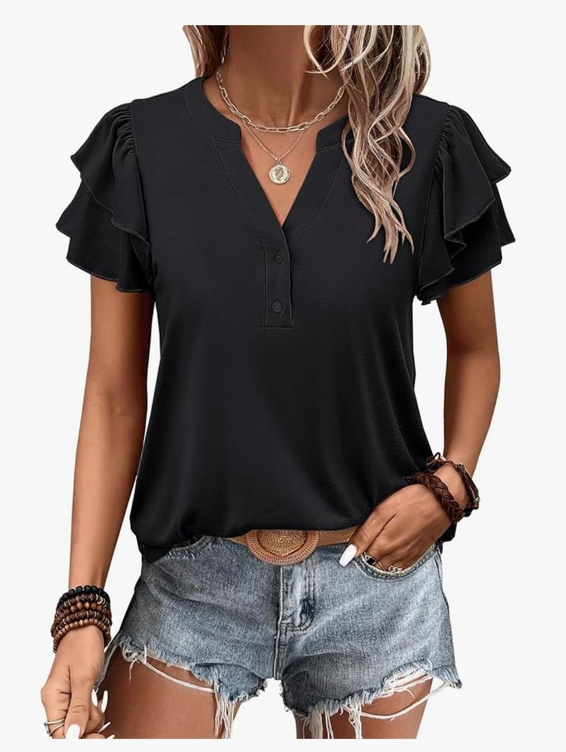 ANRABESS Womens Tops Dressy Casual Ruffle Short Sleeve V Neck Blouses Summer Button Down Business Work Elegant Shirts, Small, Black 