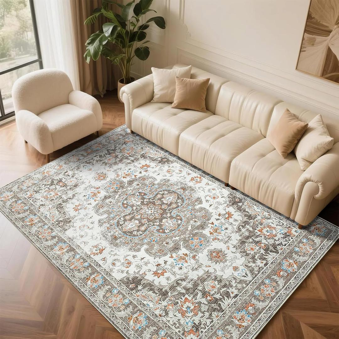 6x9 Area Rug for Living Room, Machine Washable Rugs with Non-Slip Backing for Bedroom, Vintage Throw Rugs Low Pile Carpet for Dining Room Kitchen Office Home Decor, Brown