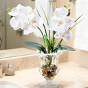 Jusdreen Artificial Orchid Centerpiece with Glass Vase, 14.5 Inch Lifelike Phalaenopsis Bonsai for Home Office Table Decor, White Orchid Arrangement with Potting