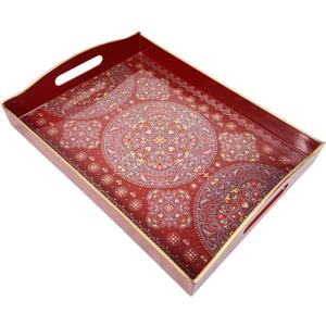 Umisriro Boho Red Decorative Tray, Serving Tray with Handles, Plastic Tray for Coffee Table, Ottoman  Ideal for Living Room & Bathroom. 15” x 11” x 2.5”
