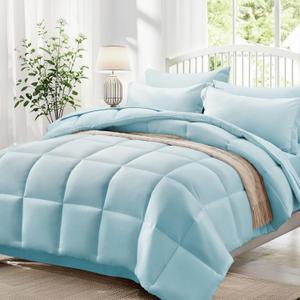 Zzlpp King Comforter Set 7 Piece, Light Blue Bed in a Bag with Comforters, Pillow Shams, Pillowcases, Flat Sheet, Fitted Sheet with 2 Pockets