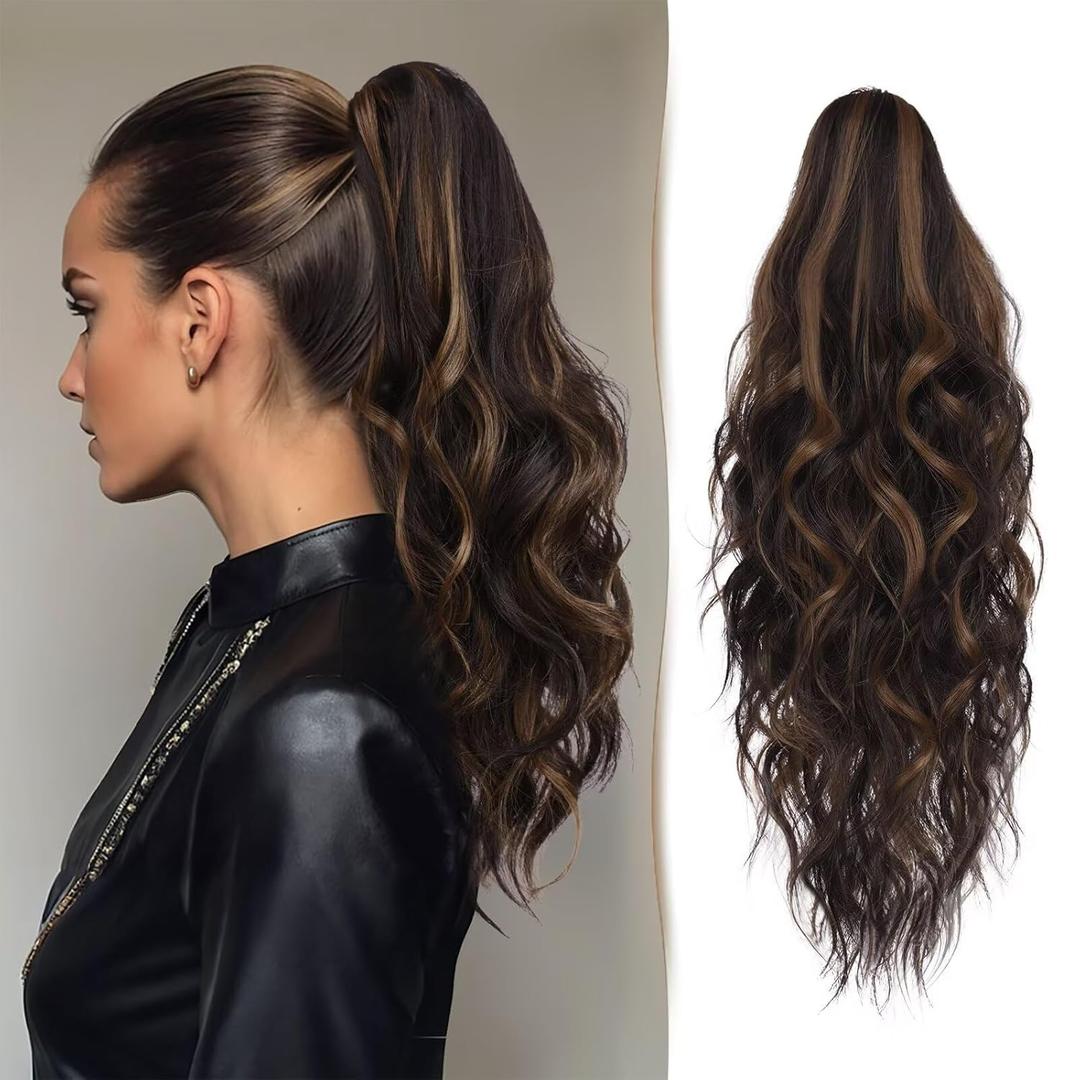 Ponytail Extension 18" Claw Clip on Ponytails Curly Wavy Long Pony Tail Synthetic Fake Hair Natural Hairpieces for Women - Darkest Brown with Auburn Blonde Highlights Ombre Hair Extensions
