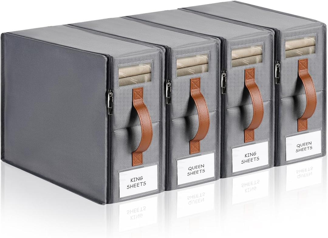 4pack Bed Sheet Organizer, Foldable Linen Closet Organizers and Storage with Sealed Design, Queen & King Size Sheet Storage with Window, Closet Organizer for Bedsheets/Blankets/Clothes, Grey