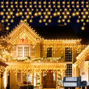 Qunlight 300L LED Icicle Lights, Warm White Window Curtain Lights,8 Modes with 30V Plug in for Wedding, Party, Bedroom, Home, Garden, Outdoor, Indoor Wall,Christmas Decorations,Connectable(Warm White)