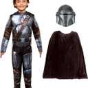 STAR WARS The Mandalorian Official Youth Halloween Costume - Premium Quality Padded Jumpsuit with Plastic Mask and Detachable Cape (S)