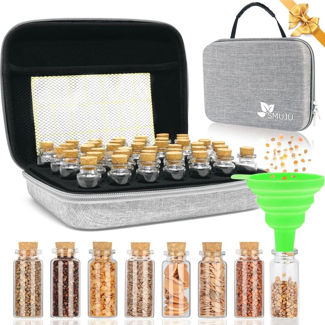 40 Slots Seed Storage Organizer, Sturdy Seed Organizer Storage Box with Dual Zipper Bag and 42Pcs Label Stickers, Glass Seed Storage Container for Flower Vegetable Plants Garden Seeds Saving
