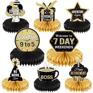 Chinco 8 Pieces Retirement Centerpiece Party Table Decorations Gold and Black Officially Happy Retirement Honeycomb Decorations for Men Women Party Supplies