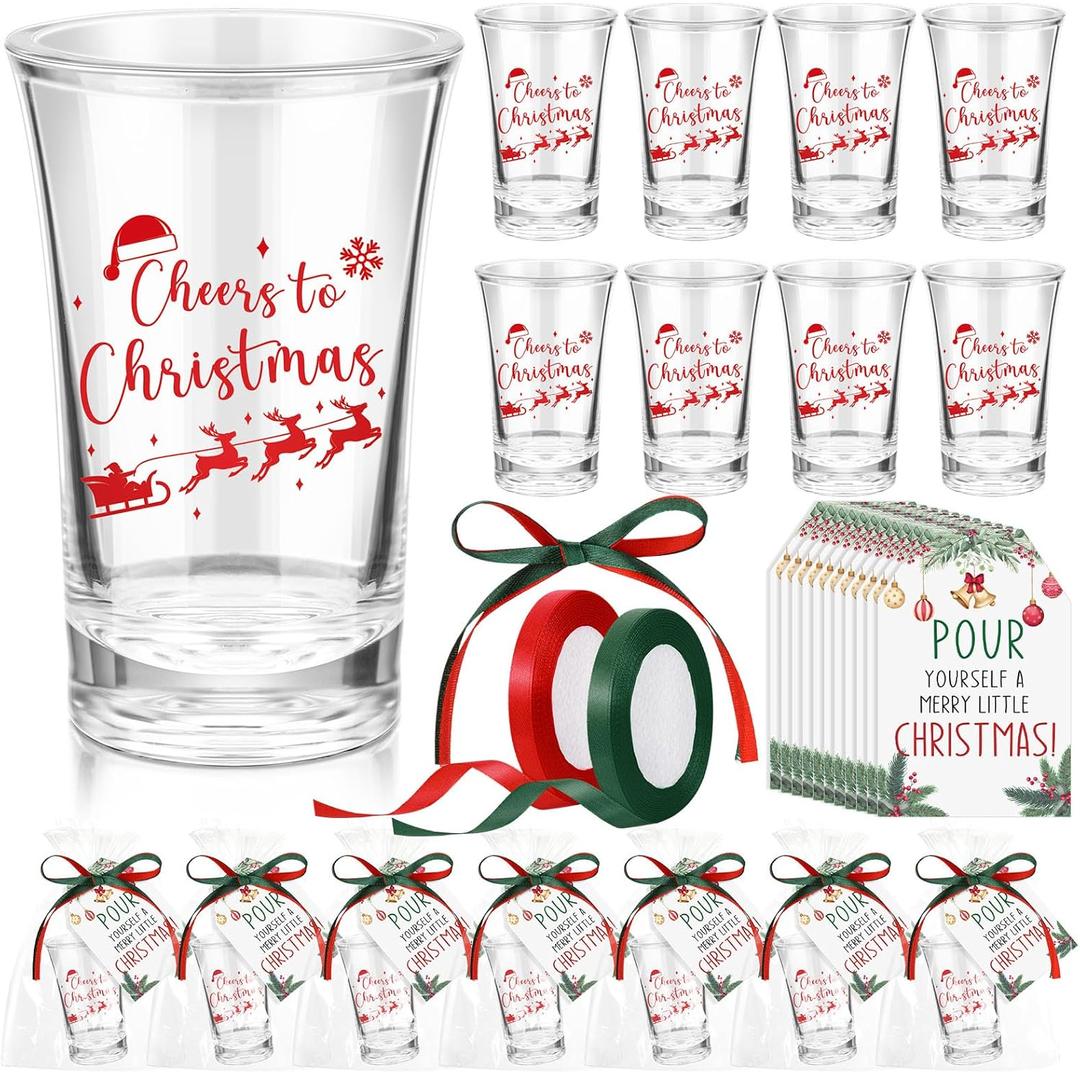 Roshtia 18 Sets Christmas Party Favors Cheers to Christmas Shot Glasses 1.5 oz Shot Cups with Xmas Tag Cards Cellophane Treat Bags Xmas Stocking for Friends Employee Party Supplies (Acrylic)