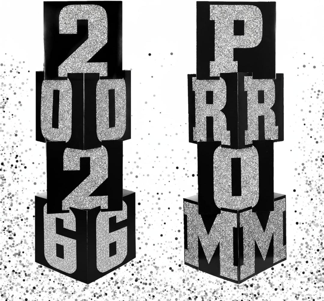 Queekay 8 Pcs Prom Column Standup Photo Booth Decorations 2026 Prom Backdrop Balloon Boxes Cardboard Decoration Column for Party College, 11.8 x 44.9 Inch(Silver, Black)