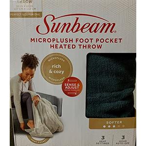 Newell Brands Sunbeam MIcroplush Soft Electric Heated Throw Blanket with Foot Pockets 3 Heat Settings and Auto-Off, Grey, 50''x60'', Full Size