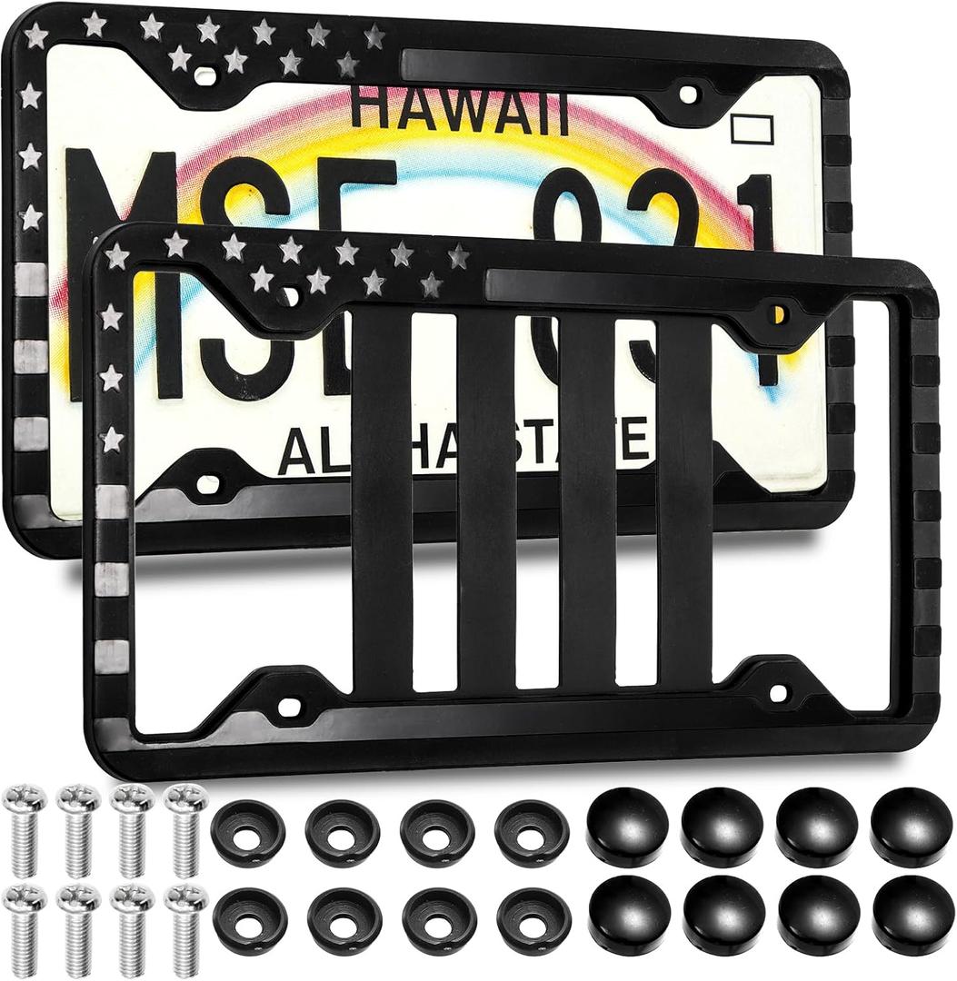 2 Pack Silicone License Plate Frame, American Flag License Plate Holder Bracket with Mount Screws Caps, Rattle Proof Universal Car Tag Cover for Front and Rear, Hiking Outdoor Sport