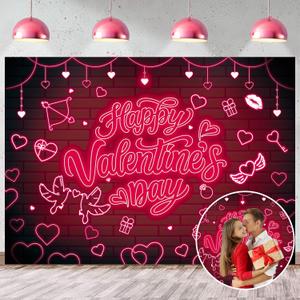 Happy Valentine's Day Backdrop Red Glitter Heart Neon Photography Background Valentines Day Party Decorations Supplies