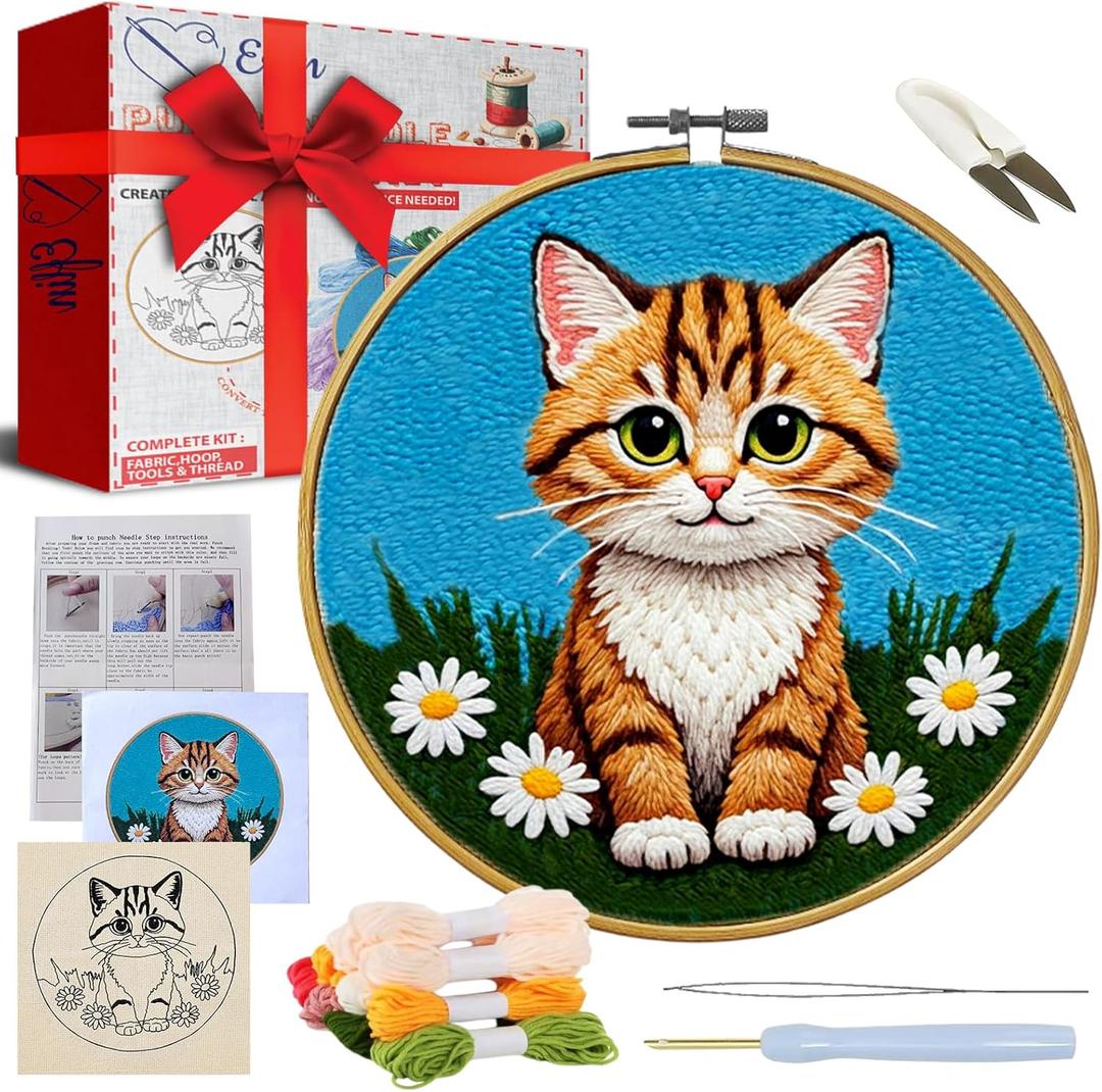 Eflin Punch Needle Kits Adults Beginner - Needlepoint Kits for Adults, Cute Cat & Daisy Pattern, Natural Bamboo Hoop, Yarns, Tools, Craft Kits for Beginners, Rare Gift for Crafts, Decors, Festivals